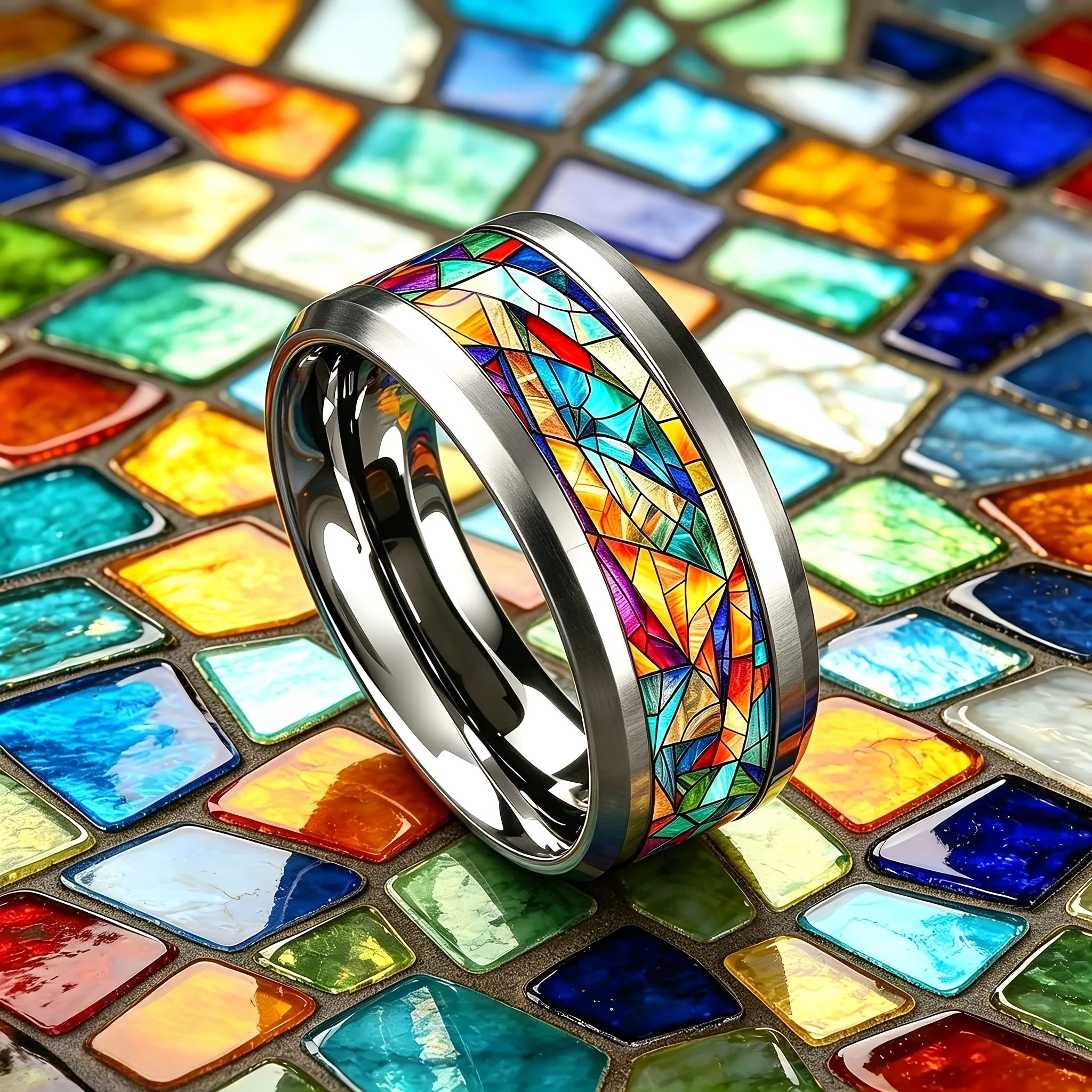 Anello con motivo in vetro colorato scintillante, anelli in acciaio inossidabile stile bohémien per donne, uomini, studenti, fedi nuziali, gioielli, regali - immagine 4