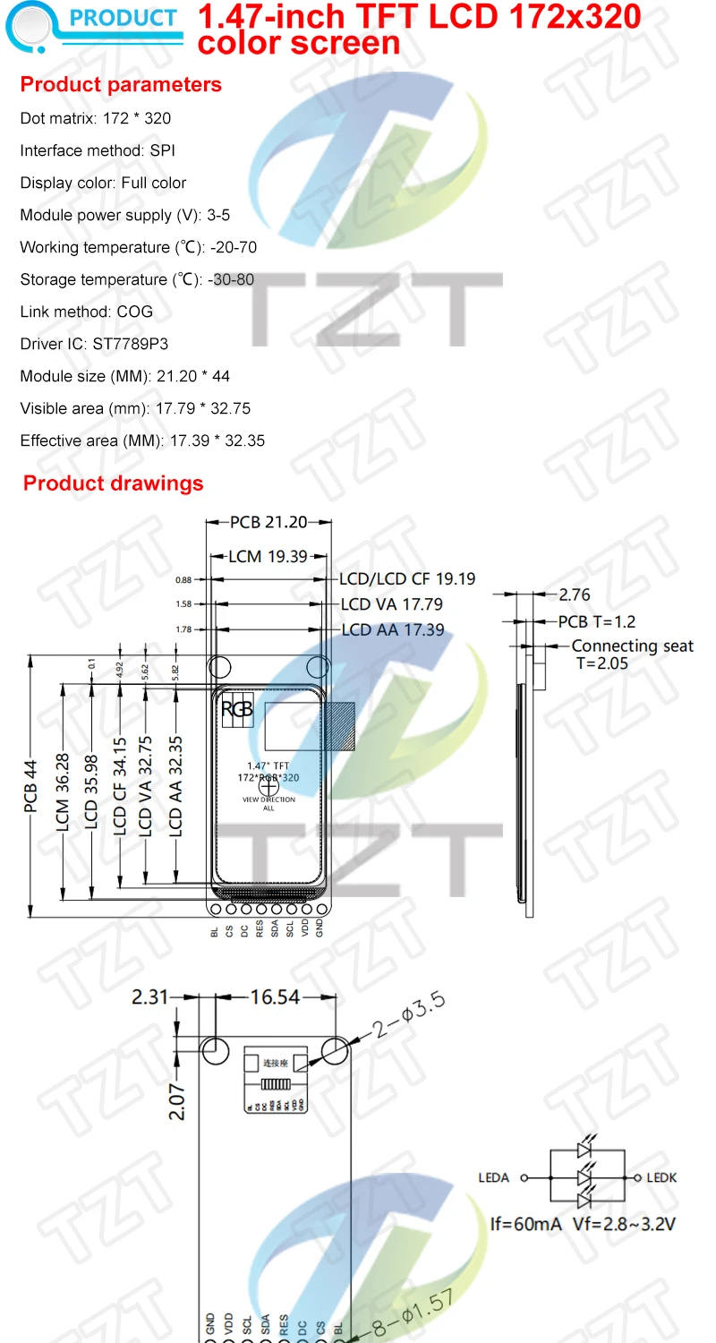 TZT 1,47" 1,47 Zoll 172x320 SPI Vollfarb-TFT-HD-IPS-Bildschirm LCD-LED-Anzeigemodul 172*320 ST7789 Controller 3,3V SPI-Schnittstelle – Detail 1