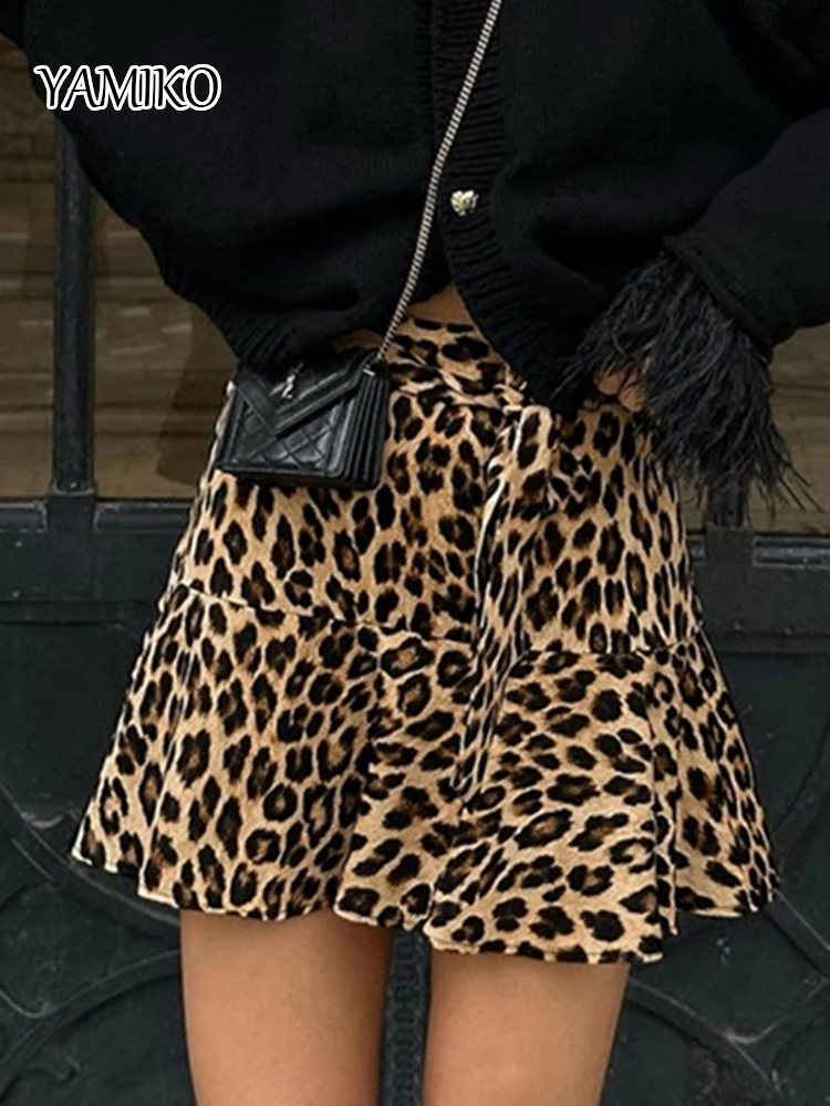 

YAMIKO Sexy Leopard Print Skirts Women A-hem Lace-up Commuting Culottes 2024 Summer Fashion Street Casual Short Skirt Female