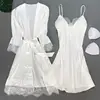 Blanc 5 pièces ensemble de sommeil Pyjamas dame dentelle Satin Pyjamas Kimono robe de bain vêtements de nuit amples maison vêtements col en v vêtements de nuit décontractés