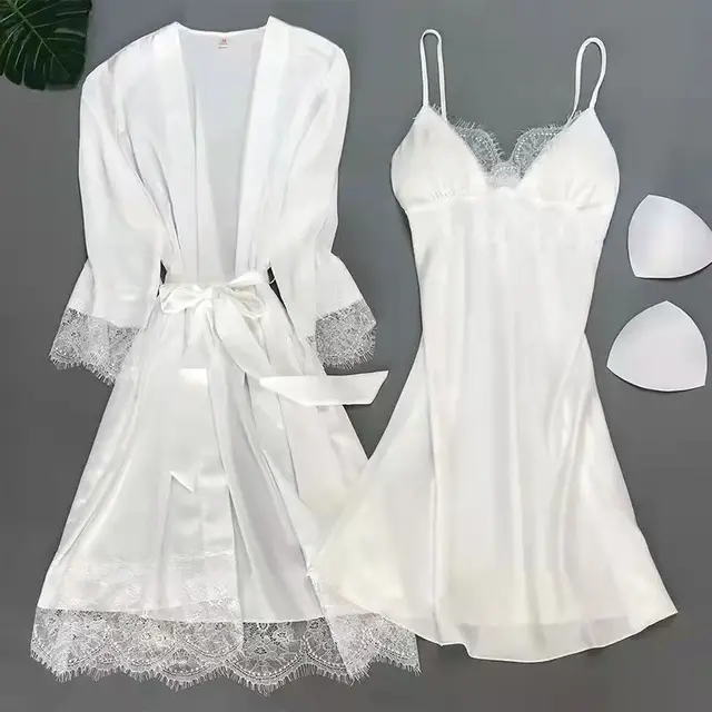 Blanc 5 pièces ensemble de sommeil Pyjamas dame dentelle Satin Pyjamas Kimono robe de bain vêtements de nuit amples maison vêtements col en v vêtements de nuit décontractés