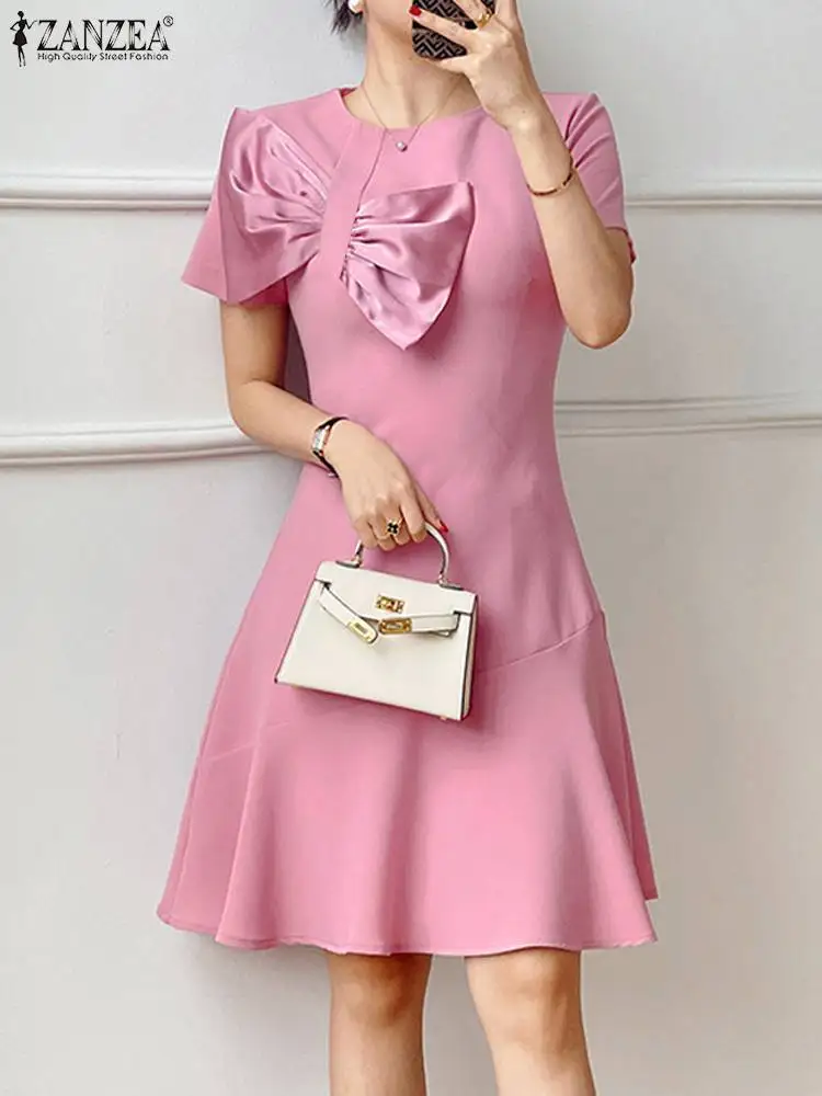 

ZANZEA Elegant Bowknot Mini Dresses Women Fashion Ruffled Hem Slim Party Dress Holiday O-neck Short Sleeve Solid Short Vestidos