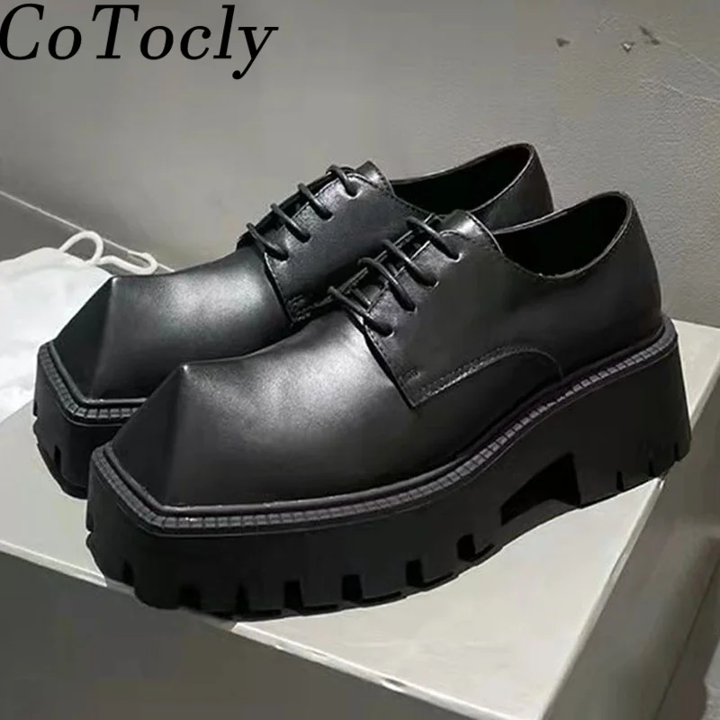 

Designer Square Toe Casual Shoes Woman Thick Sole Lace Up Autumn Shoes Women Black Genuine Leather Derby Shoes For Women