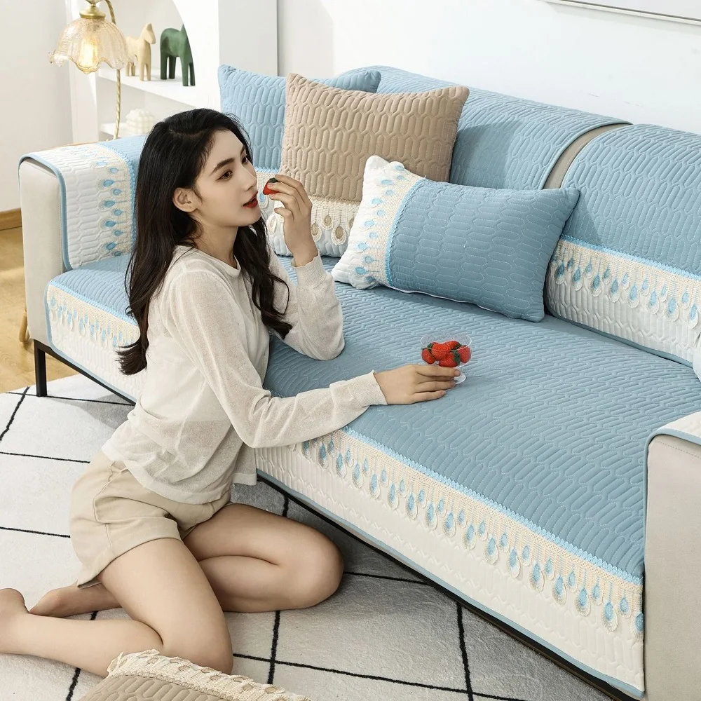 

Embroidered Sofa Cover Universal Non-Slip Solid Color Plaid Living Room Sofa Cushion Backrest Cushion Pillow Cover Anti-Scratch