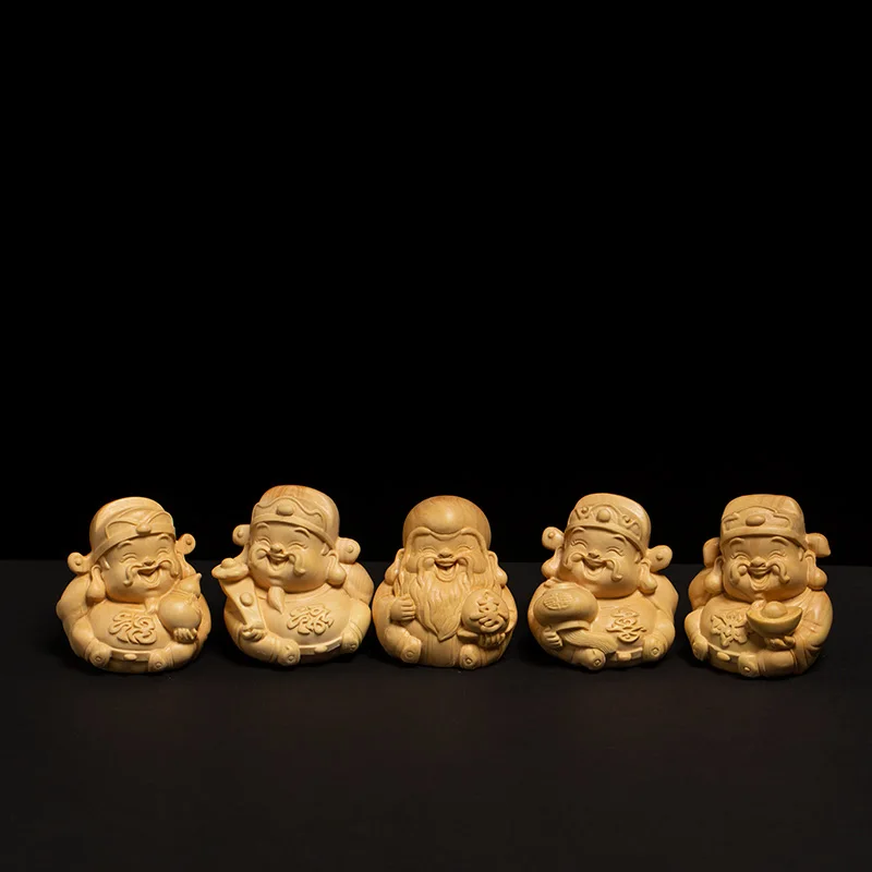 

Small leaf boxwood Fu Lu Shou three stars Xicai carved wooden ornaments handicraft Solid wood Buddha text play play