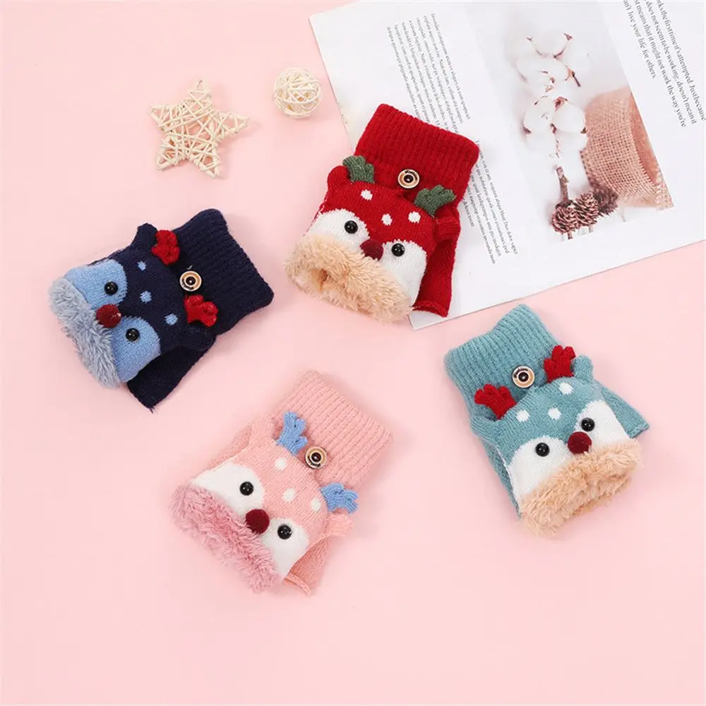 

1 Pair Thickening Winter Fingerless Plush Velvet Warm Cartoon Reindeer Children Gloves Kids Mittens