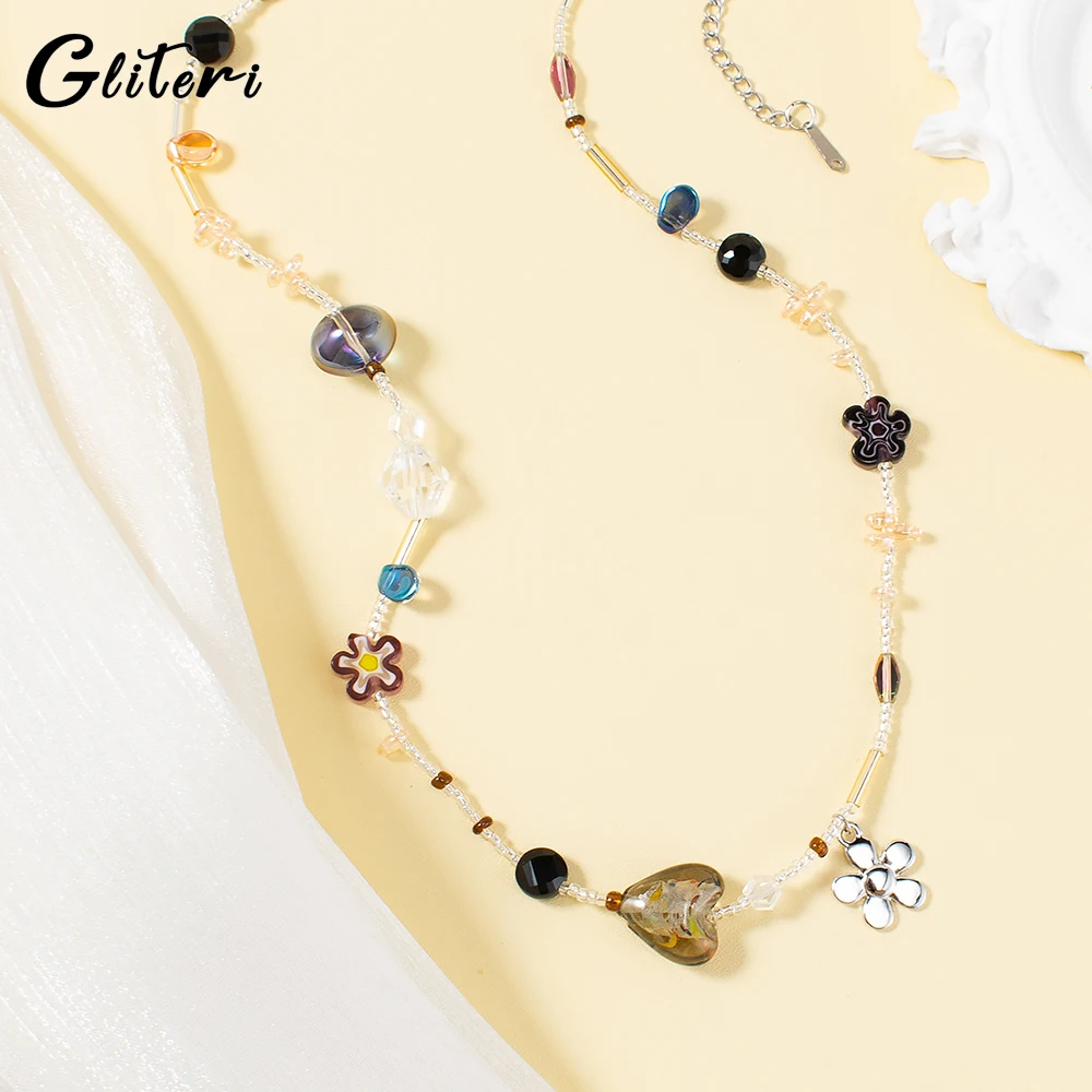 GEITERI INS Style Multi Element Crystal Heart Necklaces For Women Girls Geometric Cute Beads Clavicle Chain Choker Jewelry Party