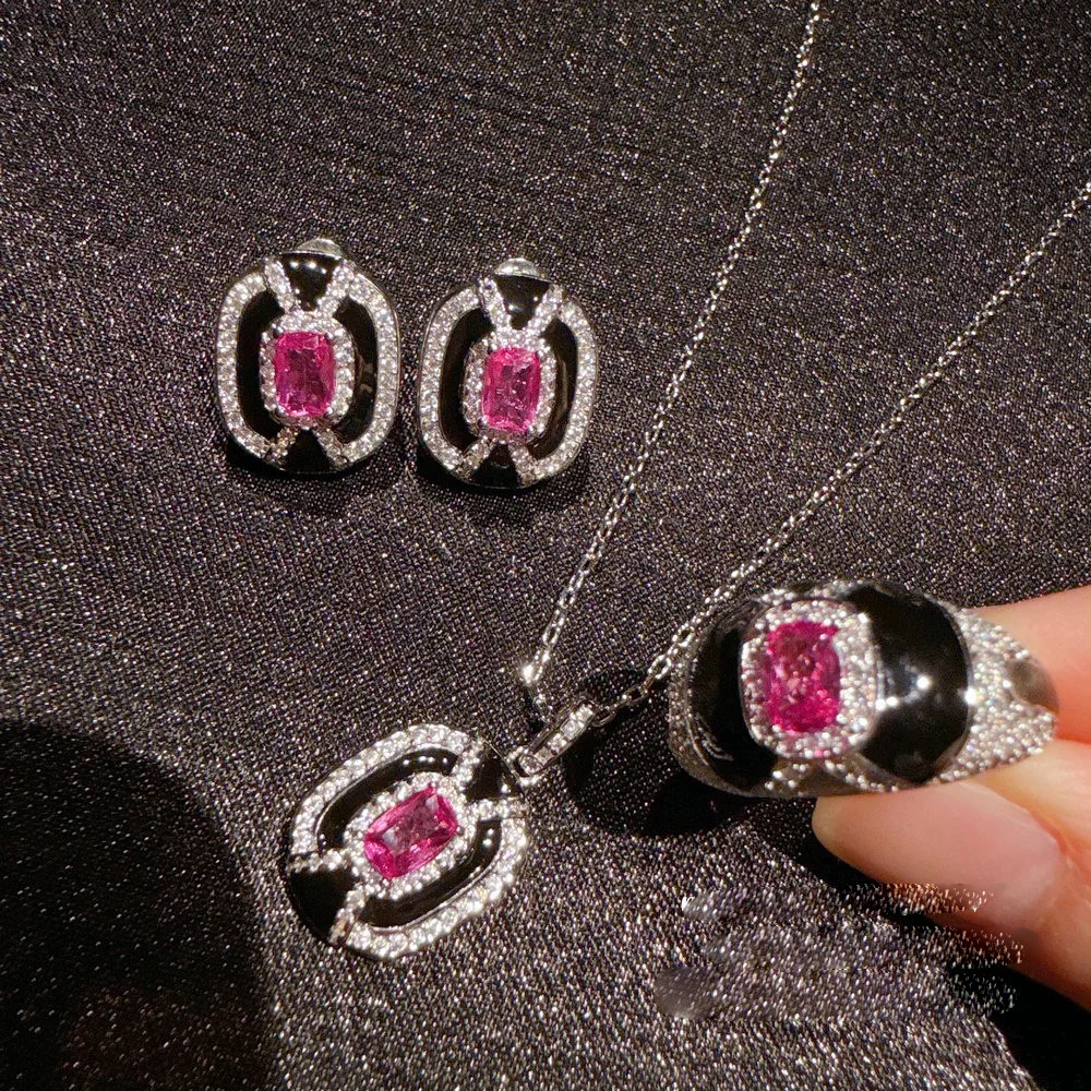 Women 2024 Rupee Onyx Gemstone Ring Vintage Honeycomb Rouge Pink Zirconia Necklace Earrings 2