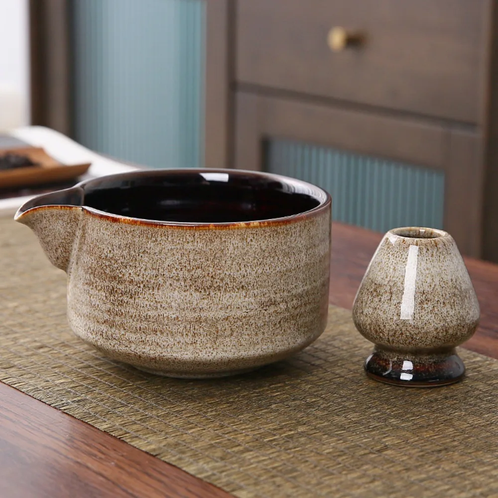 2PCS Ceramic Matcha Bowl Set With Pouring Spout Reusable Tea Whisk Holder Food Grade Handmade Japanese Green Tea Bowl matcha tea set,matcha tea tools,tea set