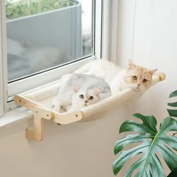 Mewoofun Cat Window Perch Lounge Mount Hammock Window Seat Bed Shelves for Indoor Cats No Drilling No Suction Cup Large Beige 1