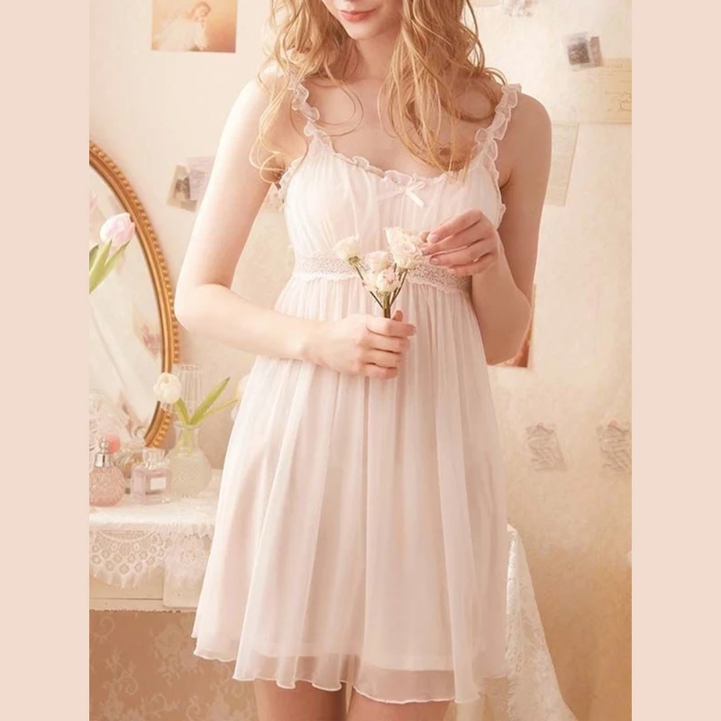 

QWEEK Lace Mesh Kawaii Sleepwear Princess Nightdress Women Sexy Nightwear Cute Nightie Fancy Nightgown Fairy Dressing Gown