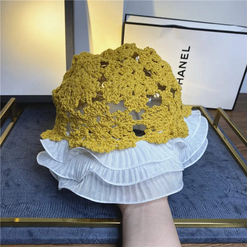 New Women Lace Knitted Bucket Hat  Spring Summer Sunscreen Hollow Fisherman Hat Crochet Beach Caps Sweet Romantic Sun Hat 2022 off white bucket hat