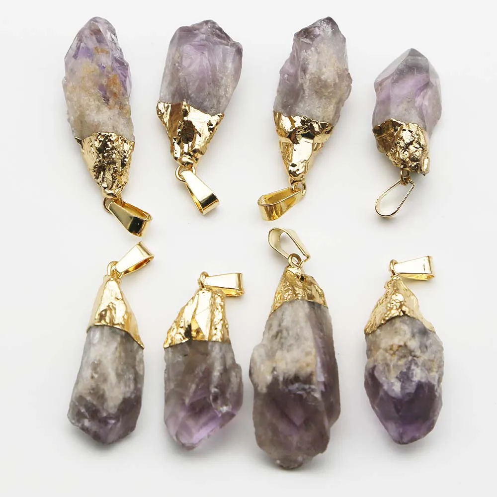 Natural Raw Ore Amethyst Irregular Gold Plated Necklace Pendant Healing Reiki Charms DIY Jewelry Accessories Gift Wholesale 8Pcs