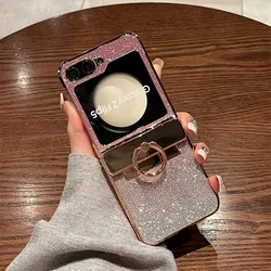 Luxury Glitter Diamond Bracket Case with Ring Holder and Gradient Plating for Samsung Z Flip 4 (Pink)