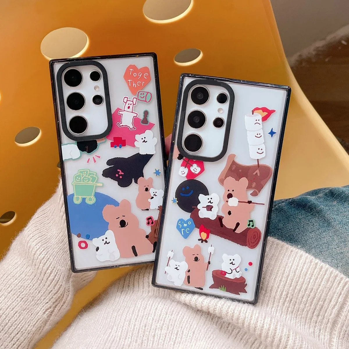 Bear Picnic Acrylic Black Border Case for Samsung Galaxy S22 S23 S24 Ultra S22+ S23+ S24 Plus Cover Protective Case