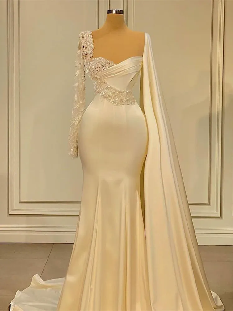 

Ivory Evening Dresses V Neck One Long Sleeve Cape Sequins Beaded 3D Lace Satin Hollow Appliques Pearls Prom Dresses Custom Made