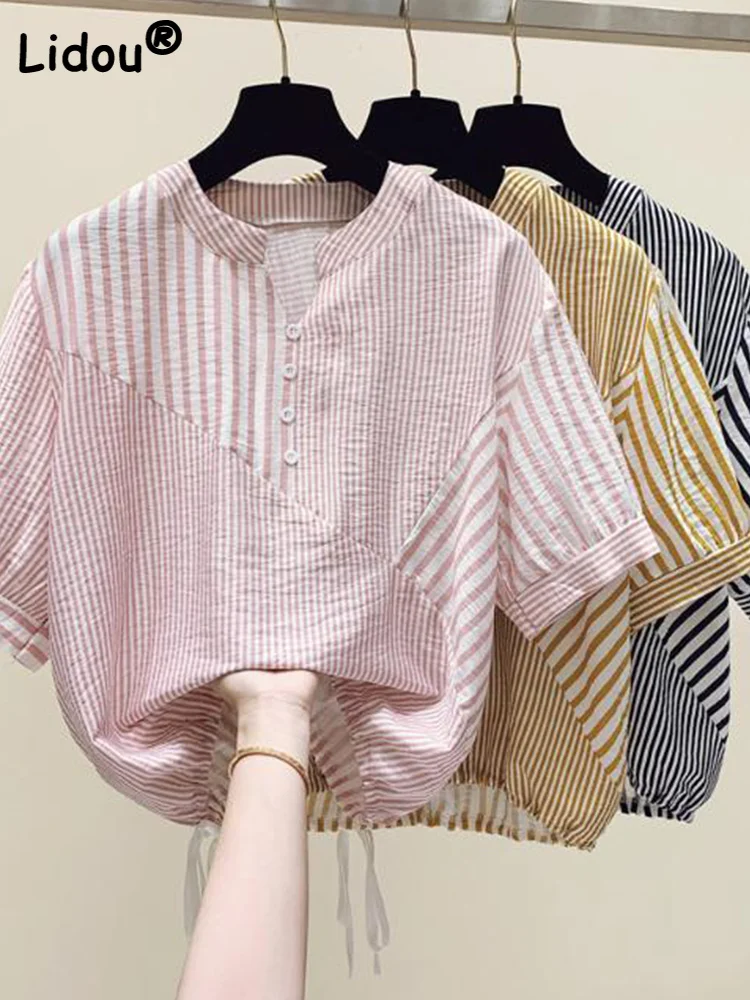 Summer Short Sleeve Bandage Button Fashion Woman Blouses 2022 O-Neck Loose Top Patchwork Striped Printing Office Lady New Shirts