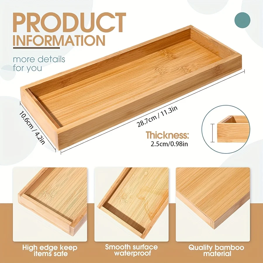 1pcs/2pcs/3Pcs Bamboo Serving Tray Bathroom Organizer Decorative Multi Use Bathroom Counter Tray with Edges Bamboo Vanity 6