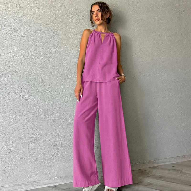 Fashion Suspender High Waisted Wide Leg Pants Casual Women's Set 2024 Summer and Autumn New Solid Color Versatile Two-piece Set