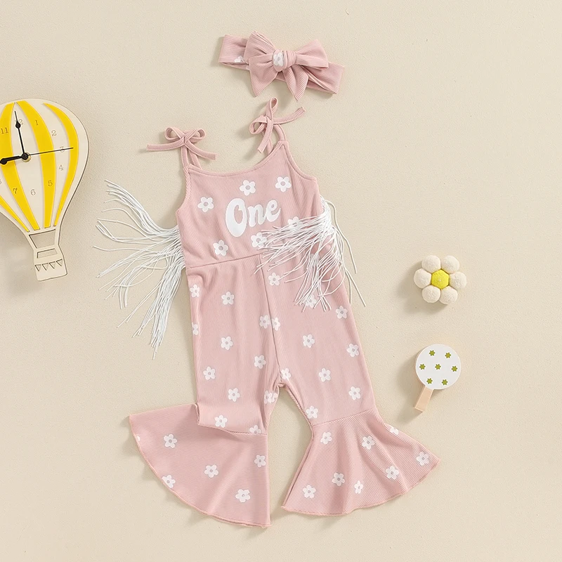 

Baby Girl 1st 2nd Birthday Outfit One Two Sleeveless Romper Jumpsuit Bell Bottom Overalls Pants Summer Clothes