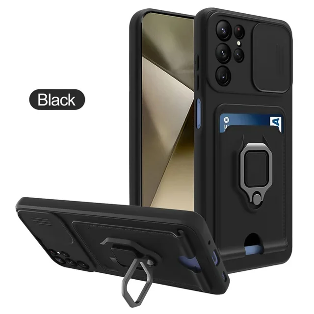 Push Window Card Slot Case with Ring Holder and Magnetic Closure - Premium Phone Cover