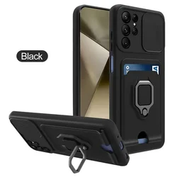 Push Window Card Slot Case with Ring Holder and Magnetic Closure - Premium Phone Cover - S20 FE (Black)