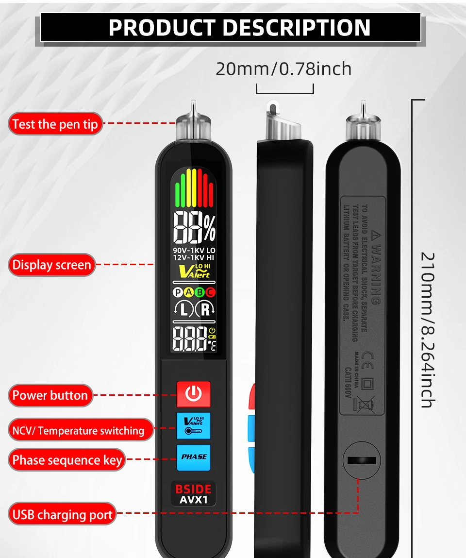 AVX1 Voltage Detector Tester Phase Sequence Smart NCV Live Wire Check Meter