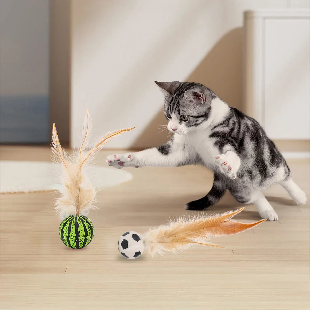 Cute Instinct-Stimulating Cat Toy Set - 3/5 Pack Colorful Feather Balls, Durable Plastic for Interactive Play & Owner Bonding