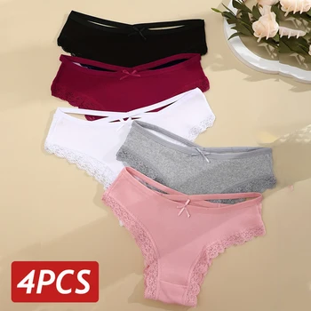 4PCS/Set Women Cotton Panties Sexy Lace Braizlian Panties Low Rise Hollow Out Underwear for Female Cute Bow Breathable Lingerie