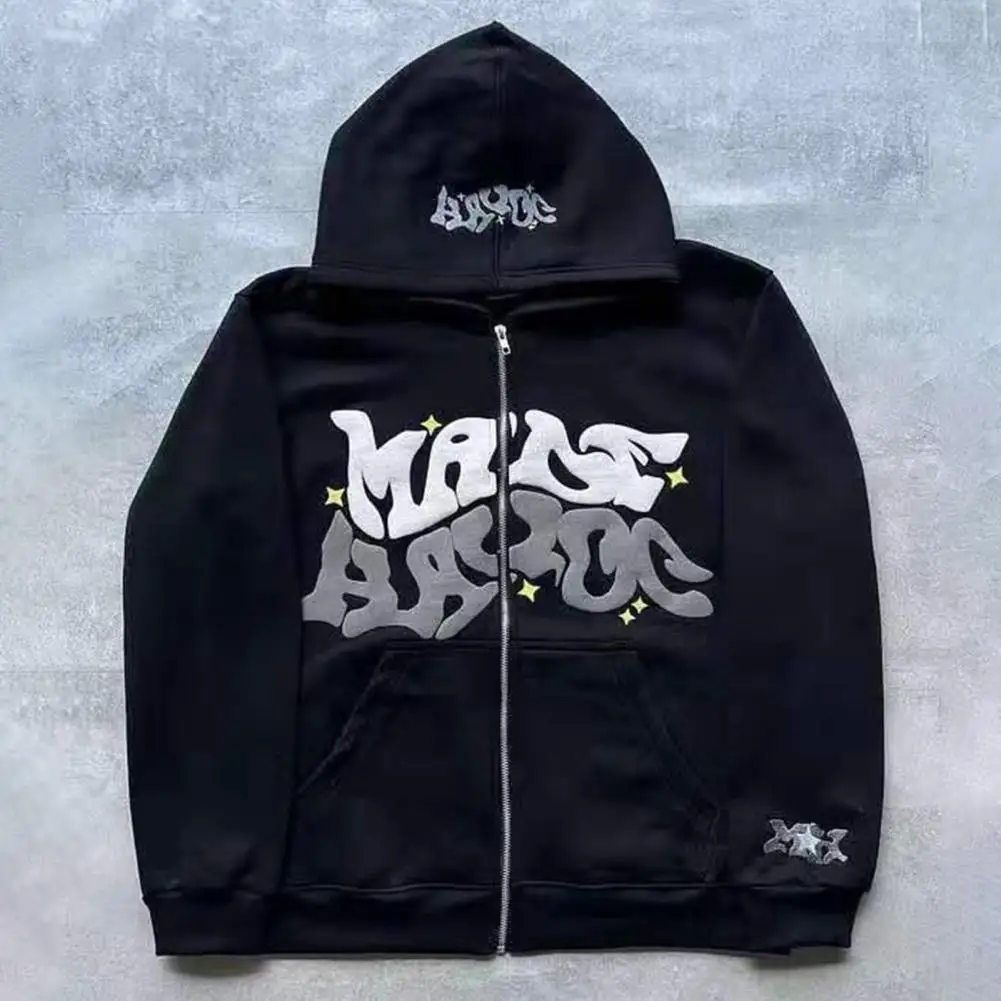 

Men Cotton Blend Coat Fashionable Men's Hooded Jacket With Punk Hip-hop Print Zipper Closure Dual Pockets Stylish Winter For A