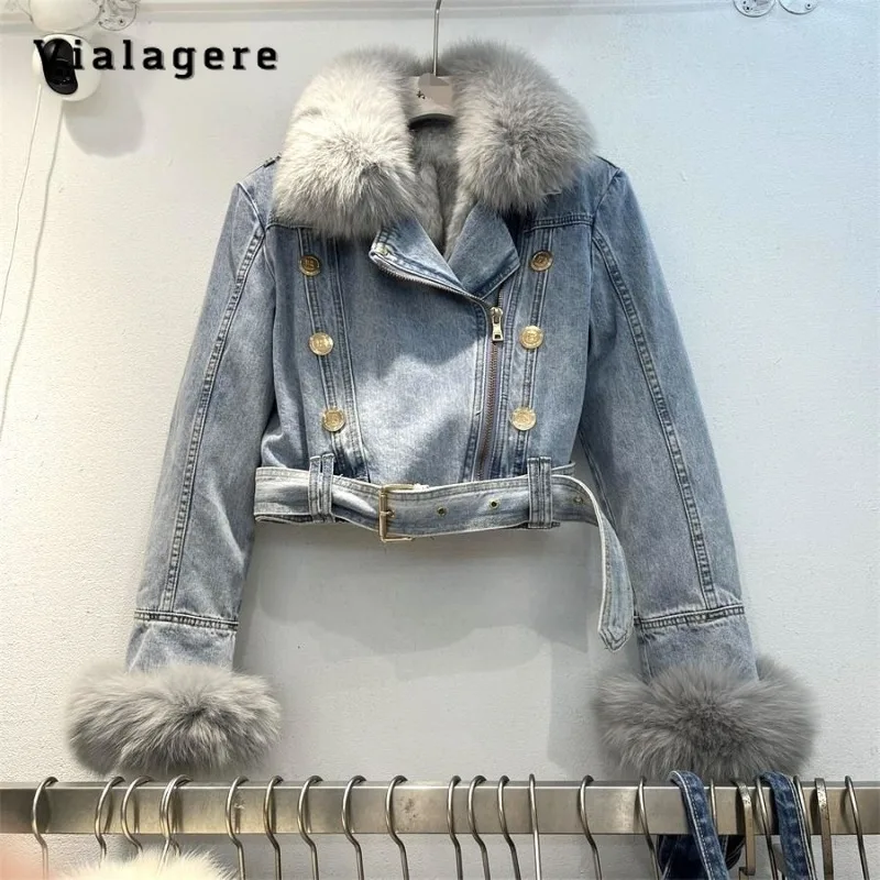 

Retro Style Wool Casual Blue Fashion Belted Design Denim Jacket 2023 Autumn Winter Women High Street Y2K Vintage Loose Jean Coat