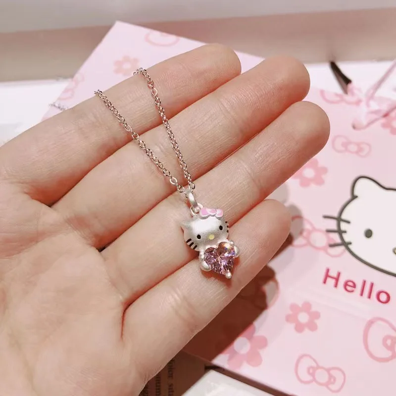 

Kawaii Hello Kitty Sanrio Pink Crystal Necklace Silver Alloy Anime Jewelry Chain Female Charm Valentine Accessories Girl Gift