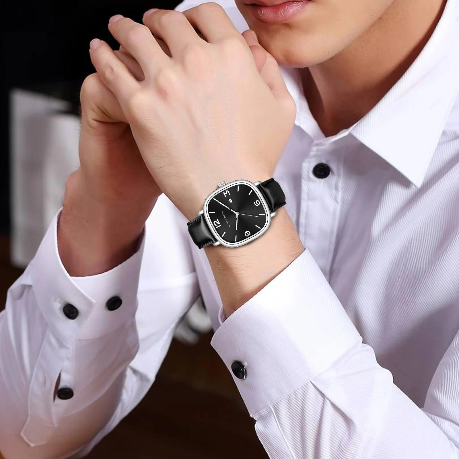 Hannah Martin Top Brand Black Leather Watch Original Quartz Movement Casual Business Style Square Fashion Men's Gift Wrist Watch 6