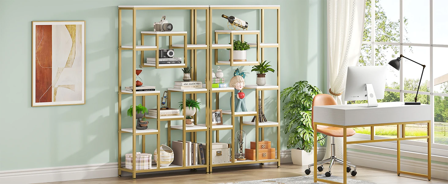 Tribesigns 180 cm High Gold Bookcase, Modern Freestanding Bookcase with 11 Open Storage Shelves, High Display Bookshelves