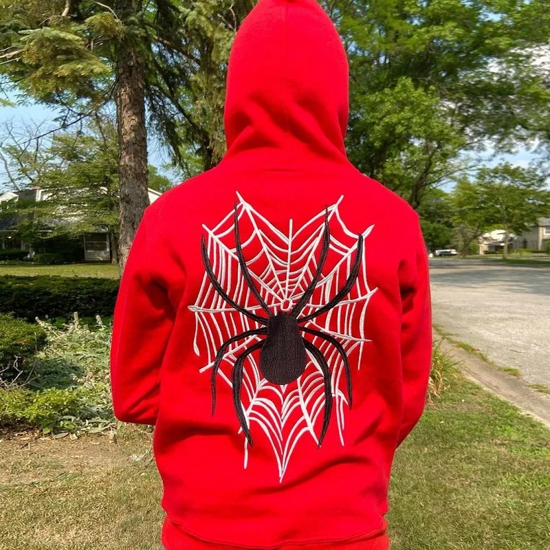 Red Full Zip Hoodie Sweatshirt Funny Spider Web Print Hip Hop Aesthetics  Y2K EMO Clothes hoodie streetwear Vintage street style - AliExpress