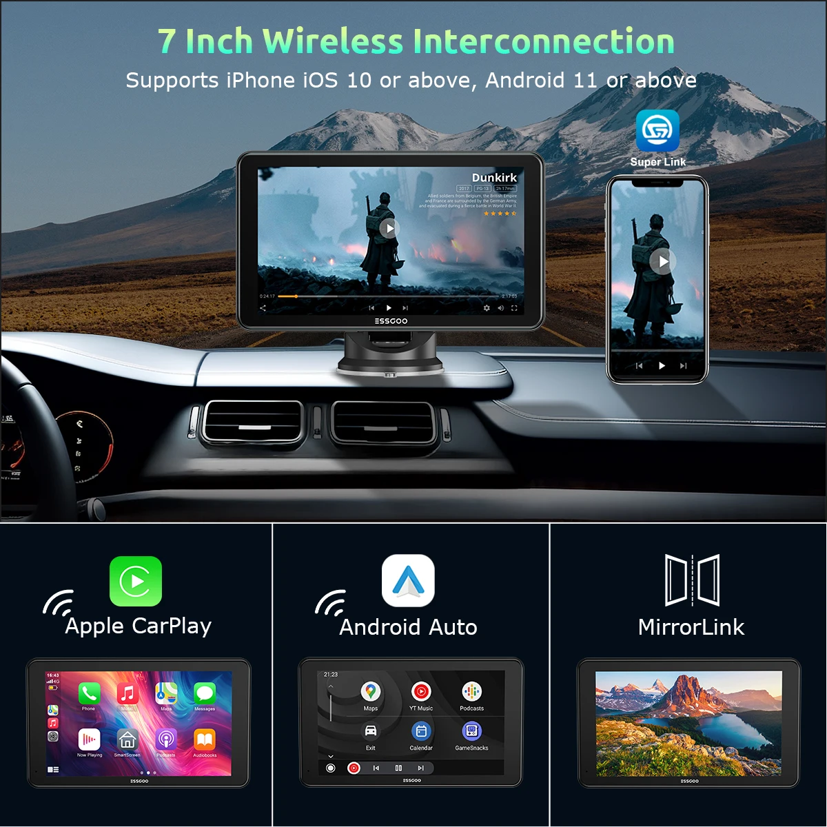 ESSGOO Radio Estéreo para Auto Universal Portátil con Pantalla Táctil 4K de 7 Pulgadas, Carplay Inalámbrico, Android Auto, BT, Mirror Link, AUX, Control por Voz, FM 2