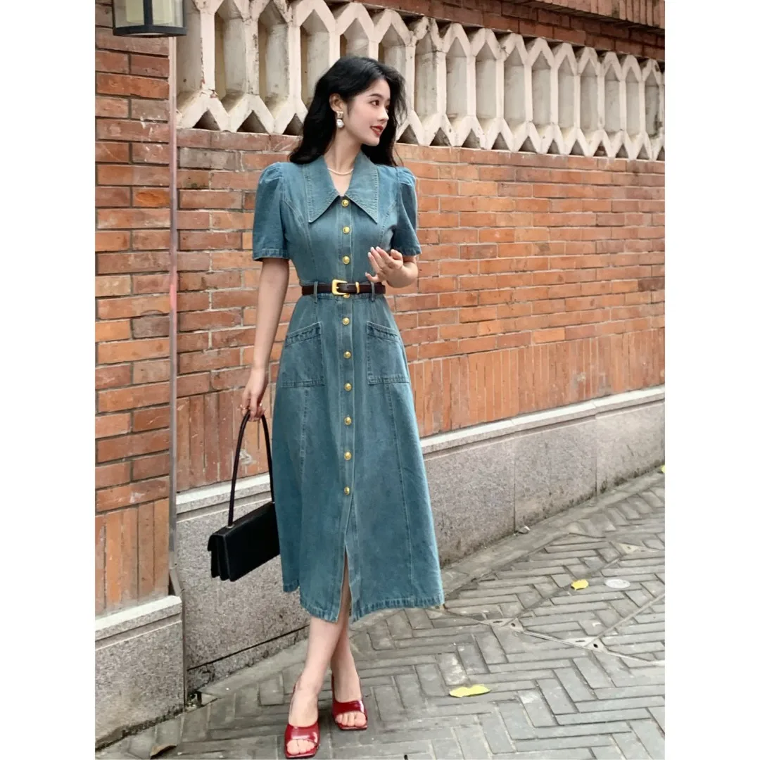 Semplice Moda Estate Casual Francese Temperamento Retrò Stile Coreano Senso Avanzato Sezione Dimagrante Dolce Vita Denim Dress Z490