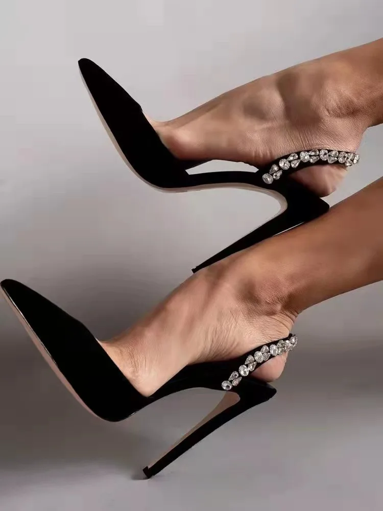 2025 Bling Crystal Ankle Strap Pumps for Women Sexy Pointed Toe Thin Heel Party Shoes Ladies Black White Pu Leather High Heels 4