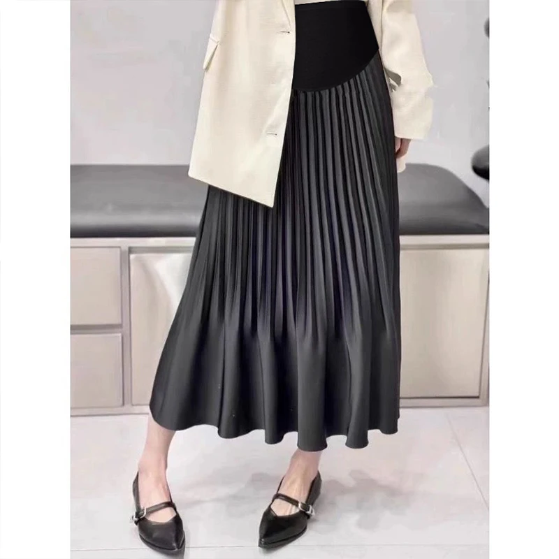 Korean Style Pregnant Woman Pleated Skirt Solid Color High Waist Long Loose Maternity Belly Skirts Pregnancy Satin Pleated Skirt