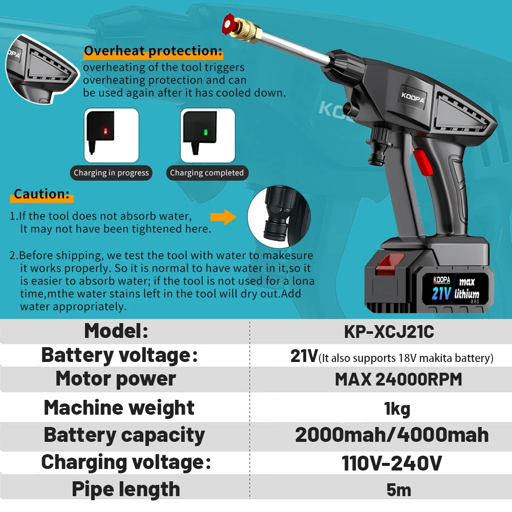 21V Cordless Pressure Washer,60Bar Multifunction Nozzle 1xBattery-Powered Copper Motor Washer Kit for Car Washing Window Clean 3
