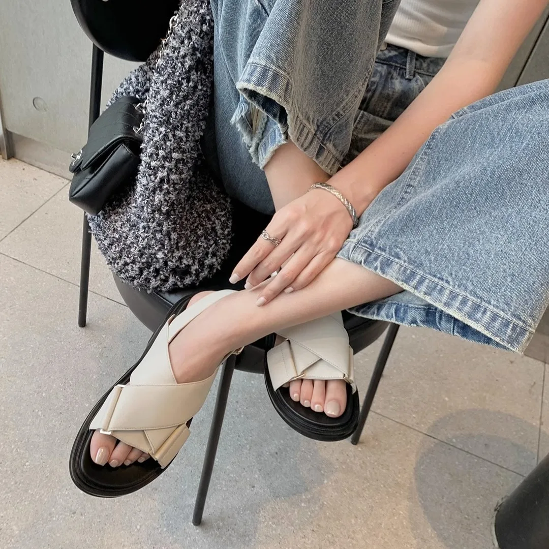 TOPHQWS Genuine Leather Luxury Brand Women' Flat Sandals Casual Slip On Platform Roman Sandals  2024 Trend Summer Shoes Slippers