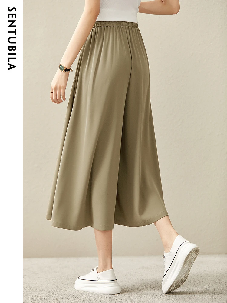 SENTUBILA High Waist Loose Pants for Women 2023 Summer Elegant Shirring Calf-Length Casual Wide Leg Camel Skirt Pants Q22K43587