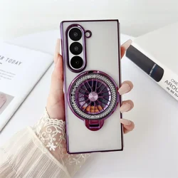 Ultra-Thin Magnetic Spinning Top Bracket Case - Transparent Plated Hard Holder Cover for Samsung Z Fold 3 (Purple)