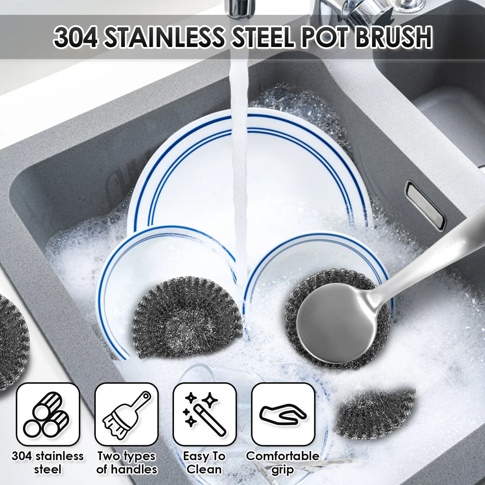 Steel Wire Ball Pot Brush Long Handle Kitchen Scrubber