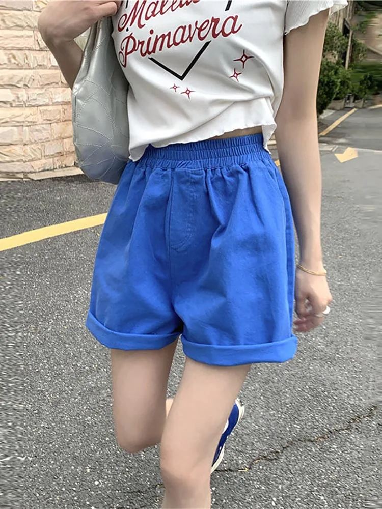 

Women's Denim Shorts 2023 Elastic Waist Wide Leg Short Pants Girl Blue Green Solid Casual Loose Cotton Summer Shorts for Women