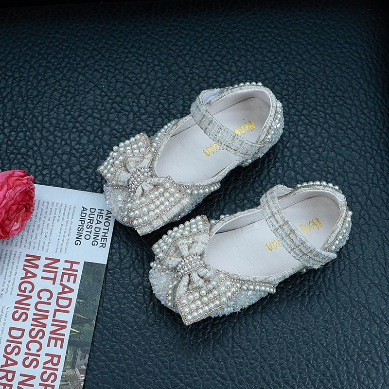 Elegant Girl's Princess Shoes Beading Bowknot Four Colors Children Mary Janes Sweet Party 21-37 Beautiful Fashion Kids Flat Shoe