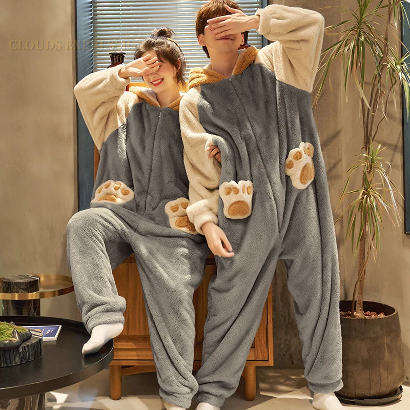 Winter Warm Flannel PJ Men's Jumpsuits Adult Onesie Pajamas for Couple Sleep Lounge Velvet Onesies for Mujer Romper
