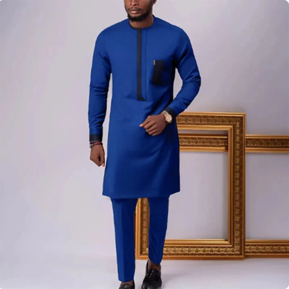 New Full Set of Men's Suit Pants and Shirt Suit Striped Round Neck Stitching Long Sleeve Festival African Ethnic StyleM-4XL