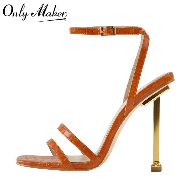 

Onlymaker Women's Summer Sandals Orange Criss Cross Metal High Heel Stone Texture Stilettos Ankle Strap Golden Buckle Big Size