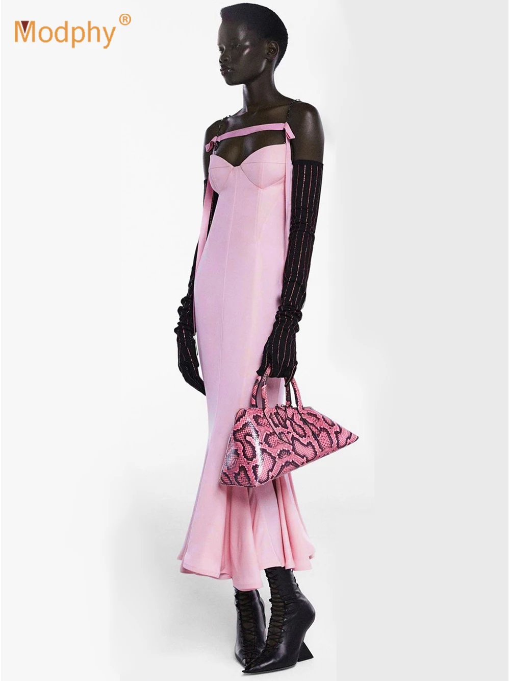 

Modphy 2023 New Women's Pink Sexy Backless Spaghetti Strap Mermaid Long Maxi Dress Design Elegant Sleeveless Bodycon Vestido